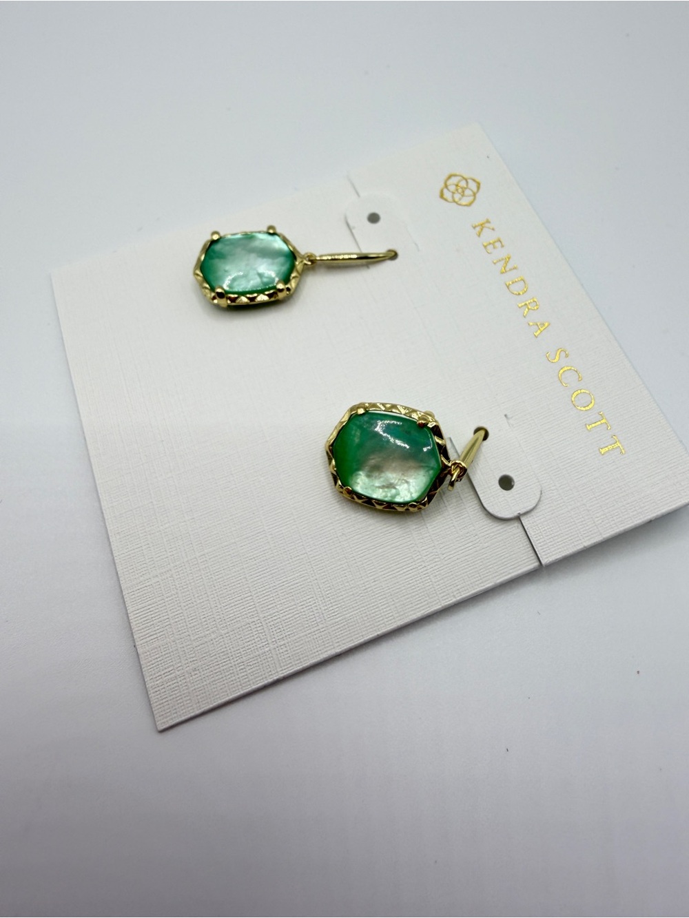 Kendra Scott Gold-Tone Drop Earrings with Light Green Stones - Picture 3 of 6